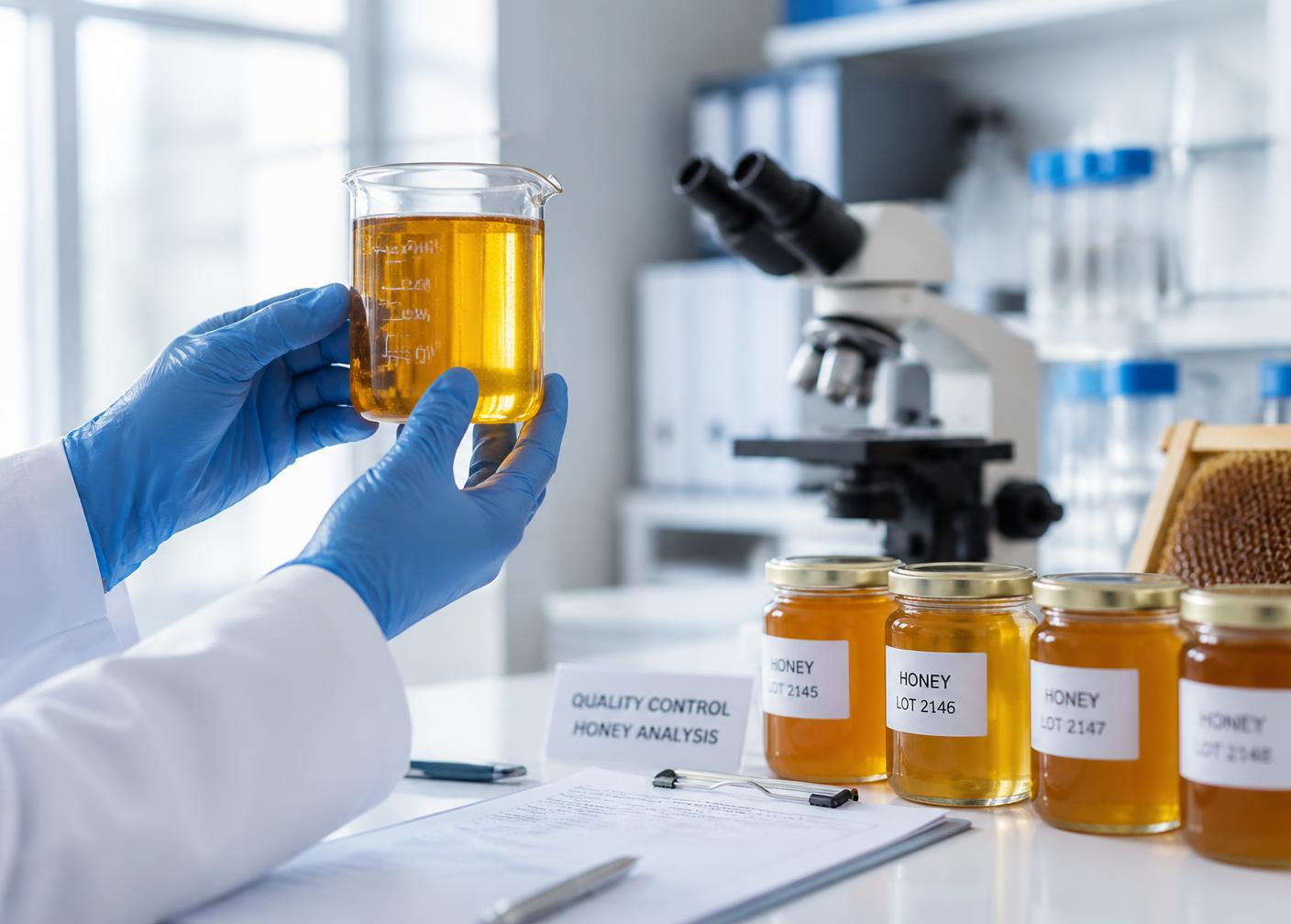 Honey samples under laboratory quality control
