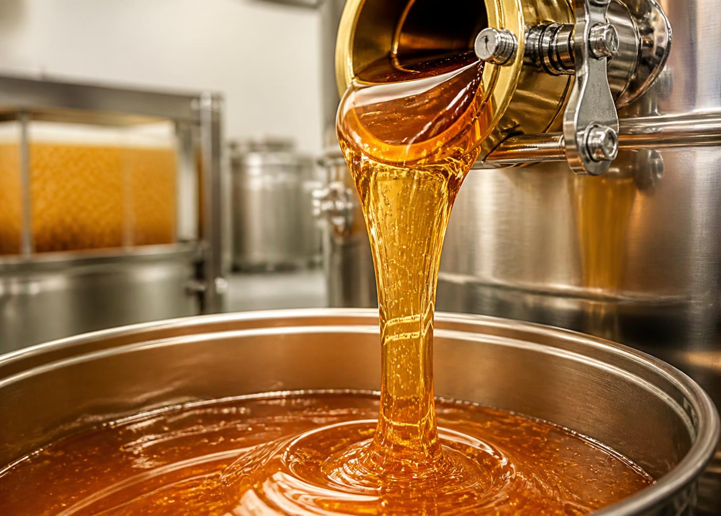 Honey being processed in a stainless steel tank